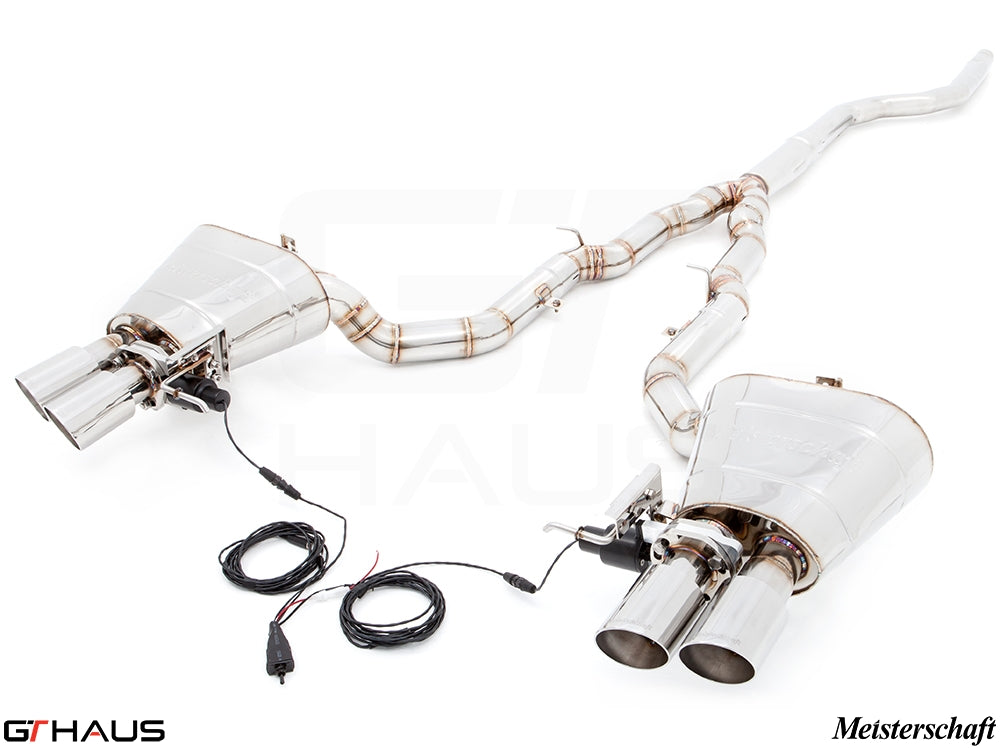 Premium performance exhaust system for BMW F10 5 Series 535i Sedan, featuring dual tips and electronic valve control.