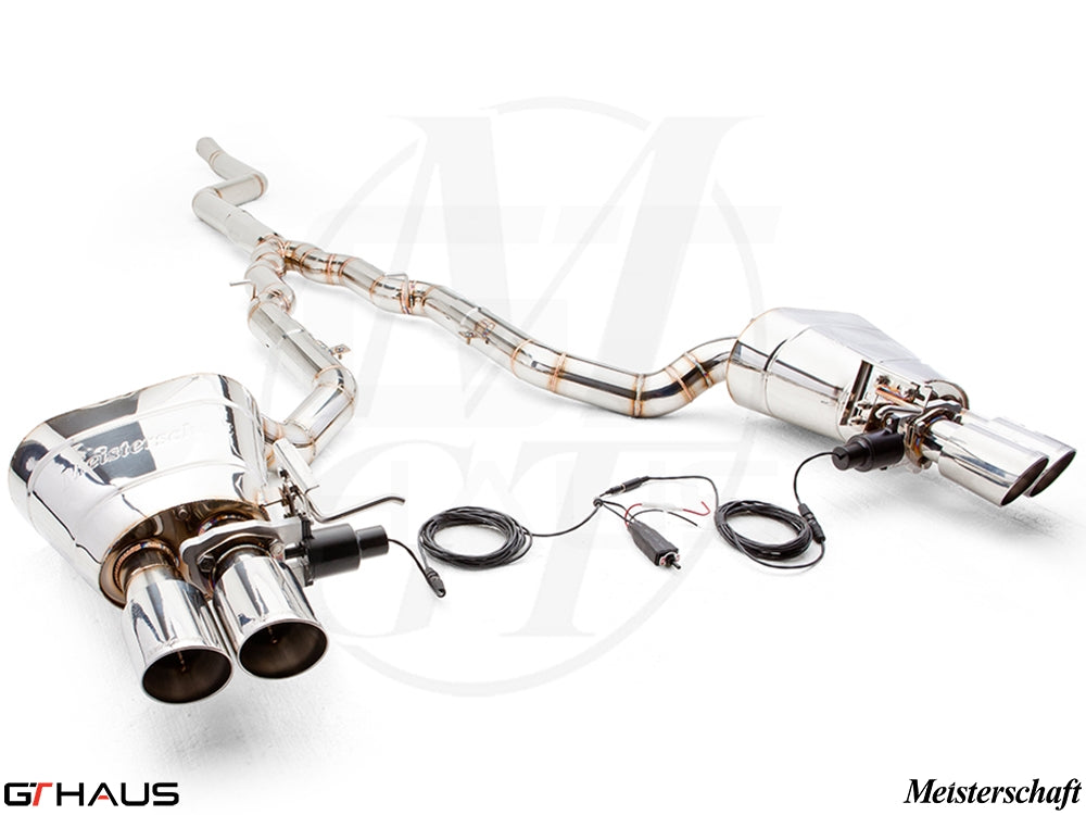 Premium Meisterschaft exhaust system for BMW F10 5 Series 535i Sedan, featuring polished stainless steel and electronic valve control.