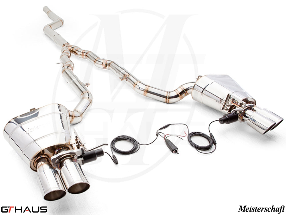 Premium Meisterschaft exhaust system for BMW F10 5 Series 535i Sedan, featuring polished stainless steel and electronic valve control.