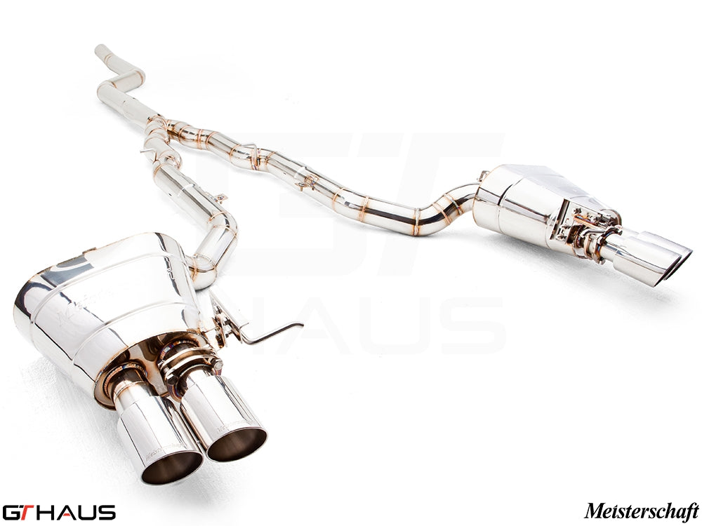 Premium exhaust system for BMW F10 5 Series 535i Sedan, featuring polished stainless steel and dual tips for enhanced performance.