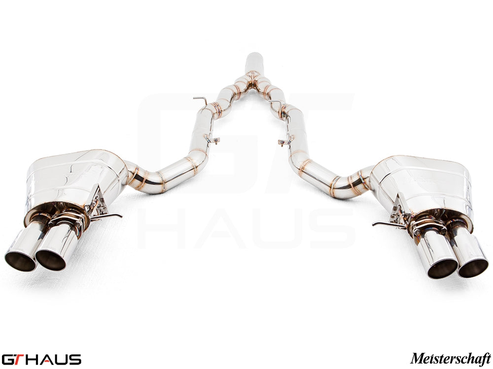 Premium exhaust system for BMW F10 5 Series 535i Sedan, featuring polished stainless steel and dual tips.