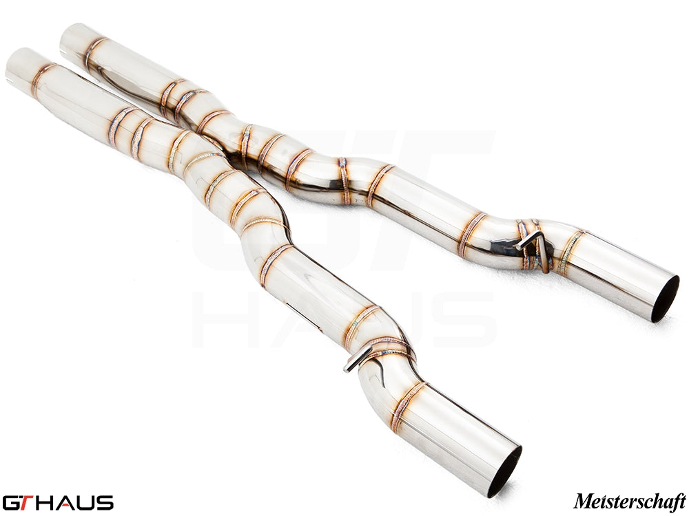 BMW F10 5 Series 2011-2016 Cat-Back Mid Resonator Delete X Pipe for 550i model, featuring polished stainless steel construction.