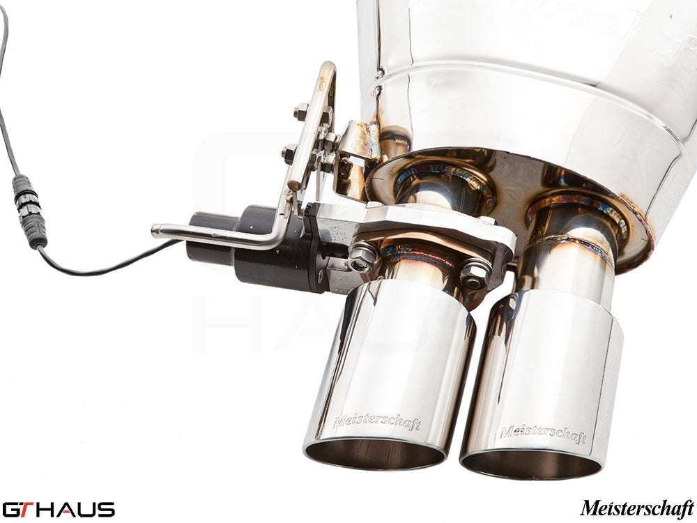 Premium Meisterschaft exhaust system for BMW F10 550i Sedan, featuring electronic valve control and polished dual tips.
