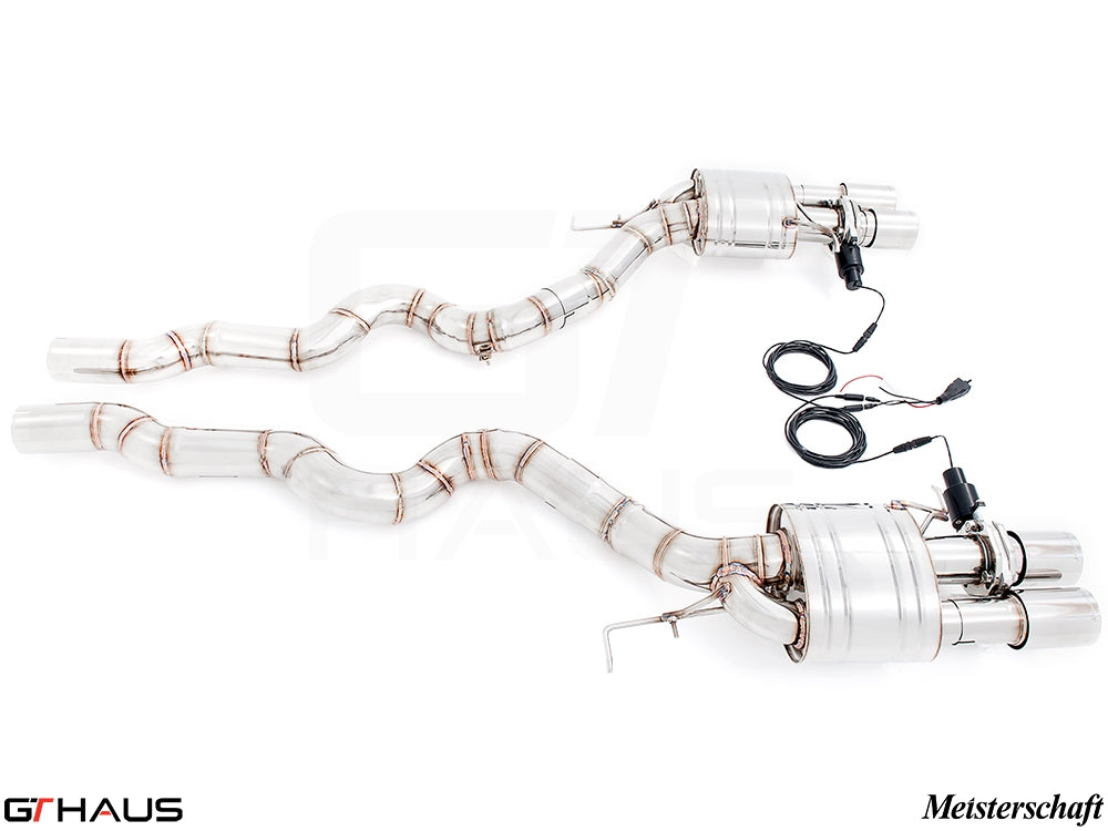 Premium performance exhaust system for BMW F10 M5 V8 Twin Turbo Sedan, featuring stainless steel construction and electronic valve control.