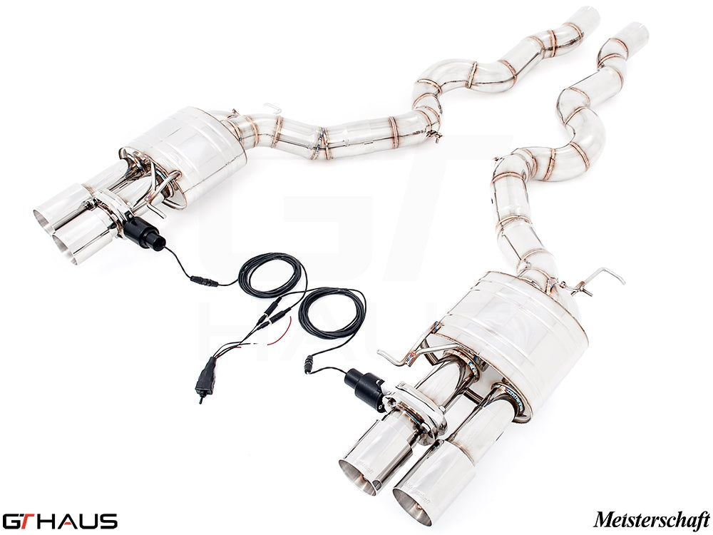 Premium Meisterschaft exhaust system for BMW F10 M5 V8 Twin Turbo, featuring dual tips and electronic valve control.