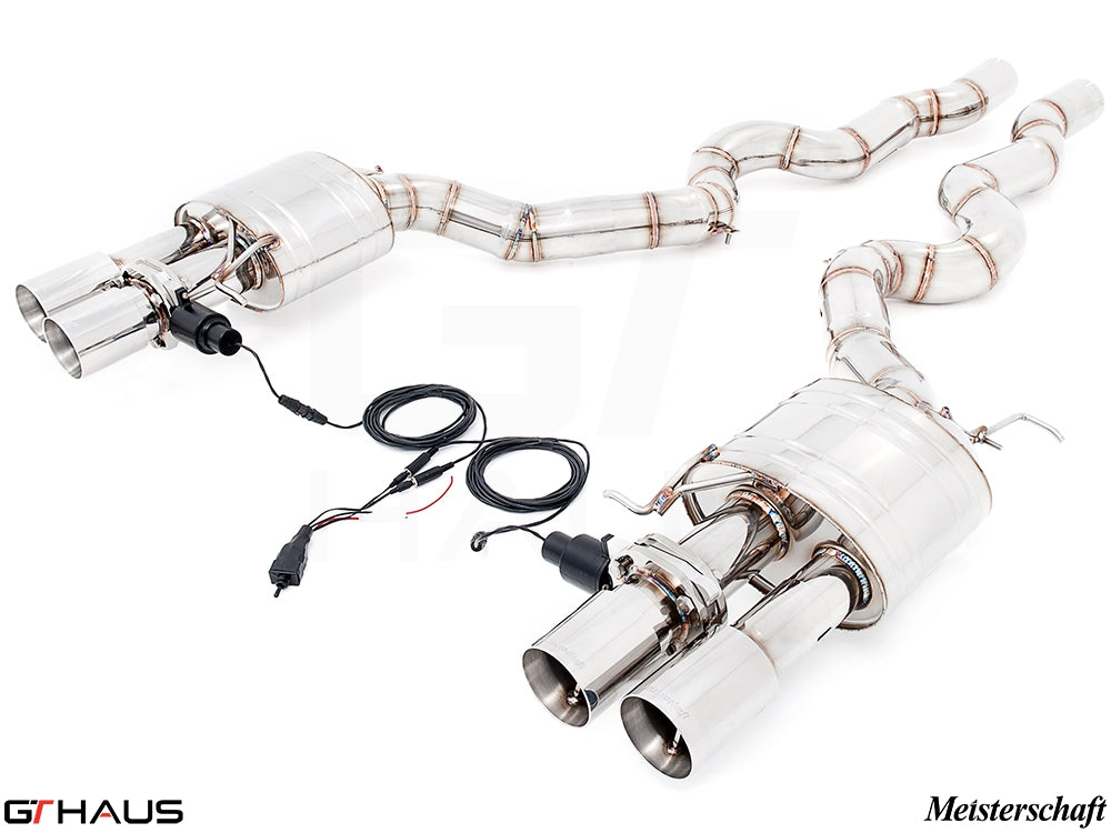 Premium performance exhaust system for BMW F10 M5 V8 Twin Turbo Sedan, featuring stainless steel construction and electronic valve control.