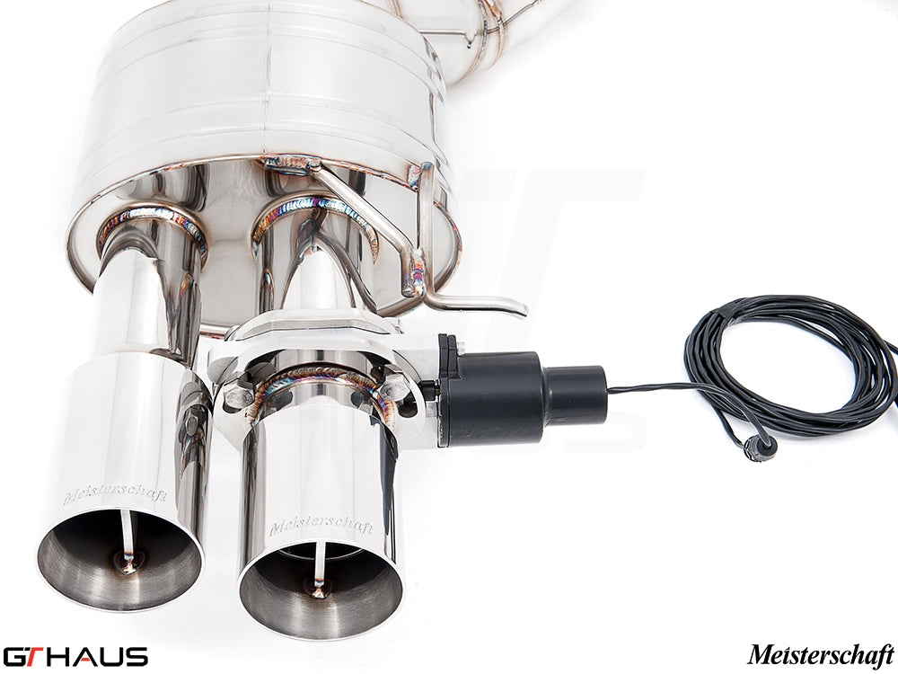Premium Meisterschaft exhaust system for BMW F10 M5 V8 Twin Turbo, featuring polished stainless steel tips and electronic valve control.