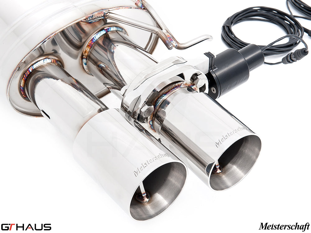 Premium Meisterschaft exhaust system for BMW F10 M5 V8 Twin Turbo, featuring polished stainless steel tips and electronic valve control.