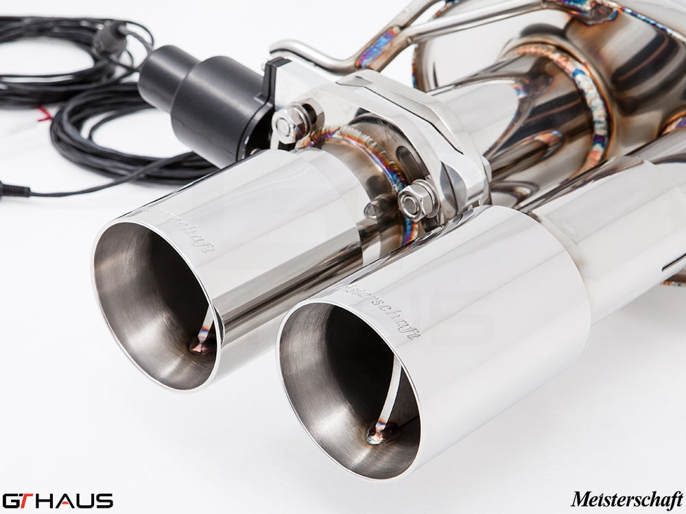 Premium stainless steel exhaust tips for BMW F10 M5 V8 Twin Turbo, showcasing Meisterschaft craftsmanship and design.