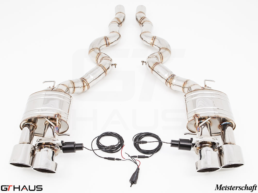 Premium exhaust system for BMW F10 M5 V8 Twin Turbo (2013-2018) featuring polished stainless steel and electronic valve control.