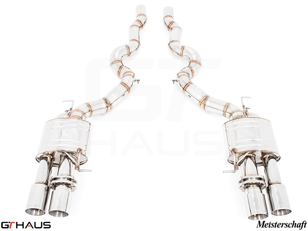 Premium exhaust system for BMW F10 M5 V8 Twin Turbo Sedan, featuring stainless steel construction and dual tips.