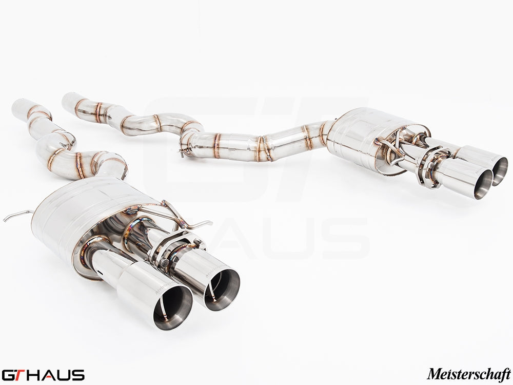 Premium performance exhaust system for BMW F10 M5 V8 Twin Turbo Sedan, featuring stainless steel construction and dual tips.