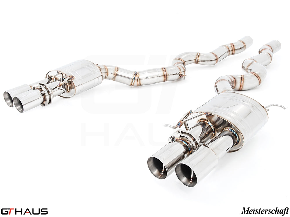 Premium exhaust system for BMW F10 M5 V8 Twin Turbo Sedan, featuring stainless steel construction and dual tips.