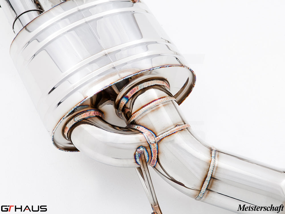 Premium stainless steel exhaust system for BMW F10 M5 V8 Twin Turbo, showcasing precision welding and craftsmanship.