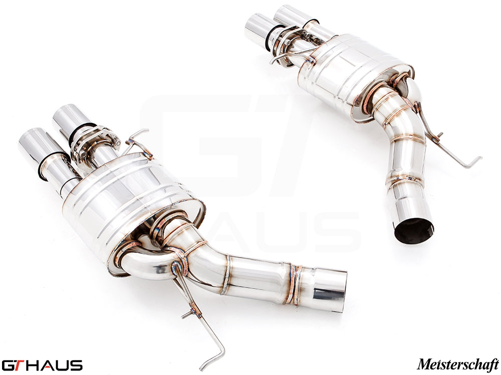 Premium exhaust system for BMW F10 M5 V8 Twin Turbo Sedan, featuring polished stainless steel construction and dual tips.
