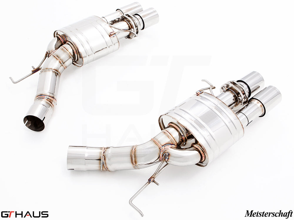 Premium performance exhaust system for BMW F10 M5 V8 Twin Turbo, featuring stainless steel construction and dual tips.