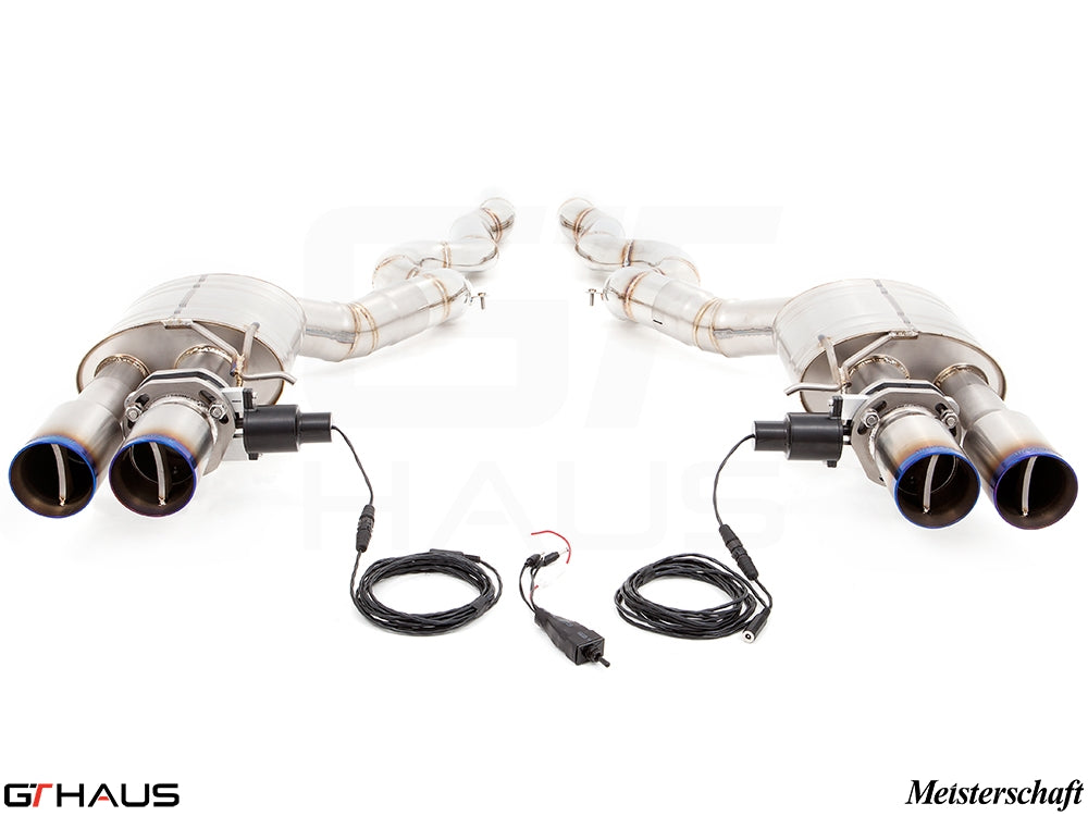 Premium exhaust system for BMW F10 M5 V8 Twin Turbo Sedan, featuring electronic valve control and stainless steel construction.