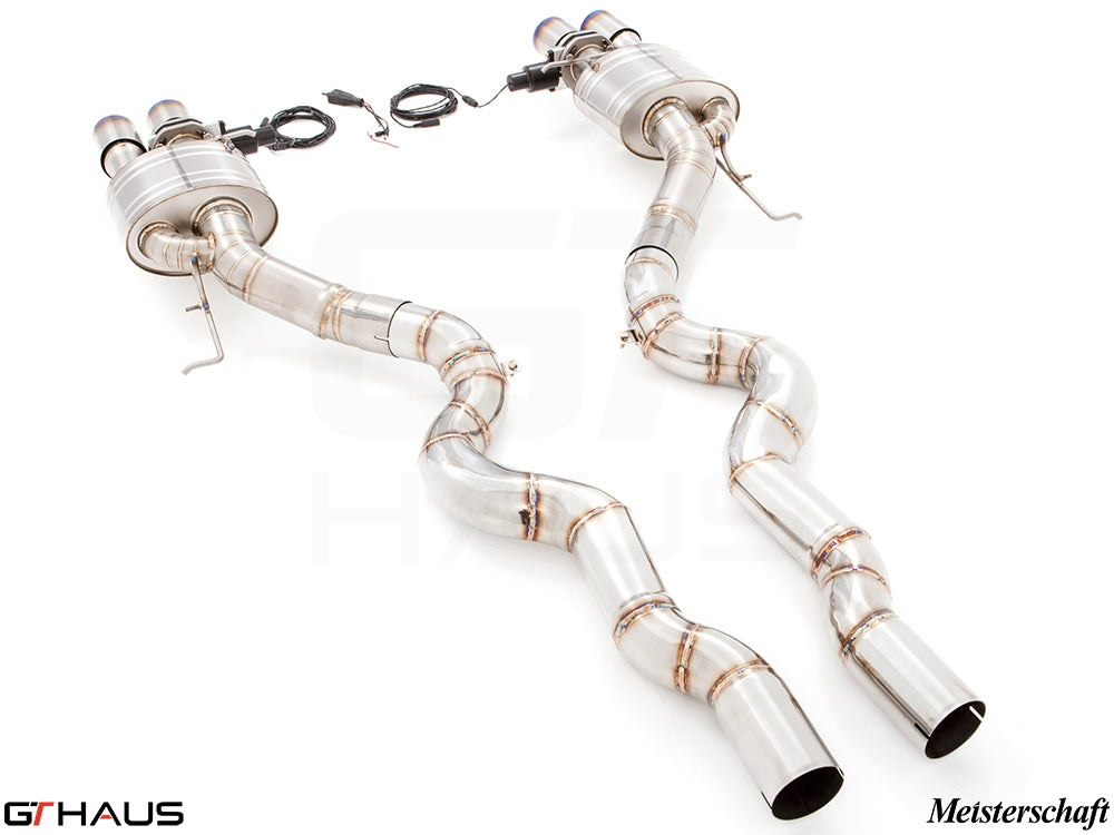 Premium stainless steel exhaust system for BMW F10 M5 V8 Twin Turbo Sedan, featuring dual tips and electronic valve control.