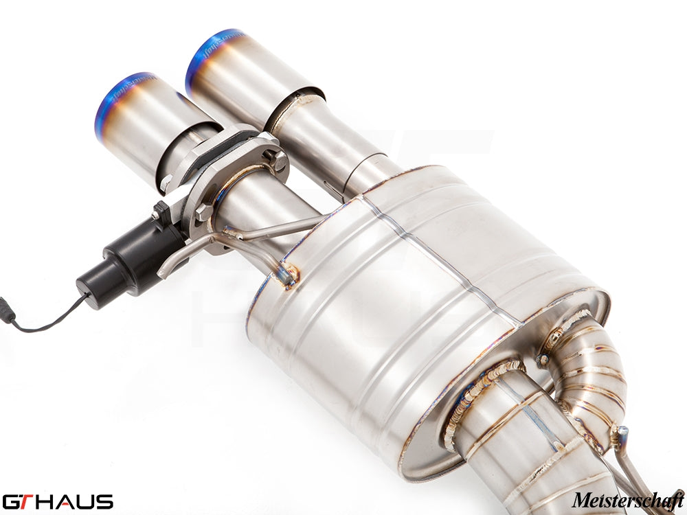 Premium Meisterschaft exhaust system for BMW F10 M5 V8 Twin Turbo, featuring electronic valve control and stainless steel construction.