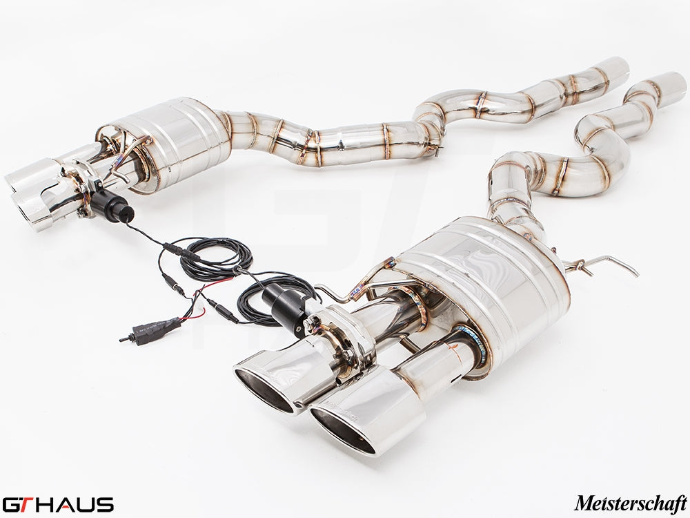 Premium Meisterschaft exhaust system for BMW F10 M5 V8 Twin Turbo, featuring dual tips and electronic valve control.