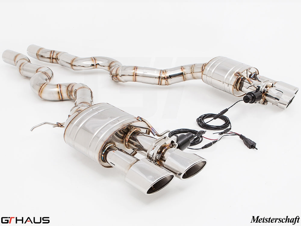 Premium exhaust system for BMW F10 M5 V8 Twin Turbo, featuring polished stainless steel and electronic valve control.