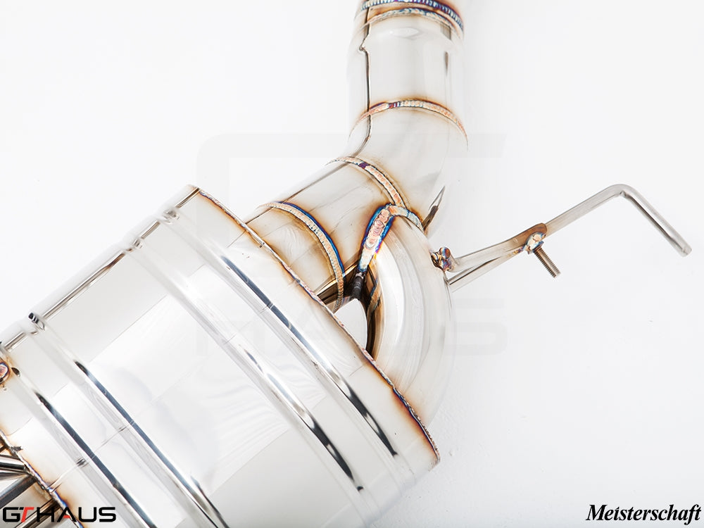 Premium stainless steel exhaust system for BMW F10 M5 V8 Twin Turbo, showcasing precision welding and design.