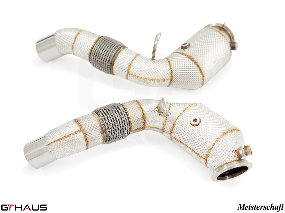 BMW F12/13 M6 2012-2018 down pipes with 400 CEL sport cats and 90mm piping, featuring heat-resistant wrapping.