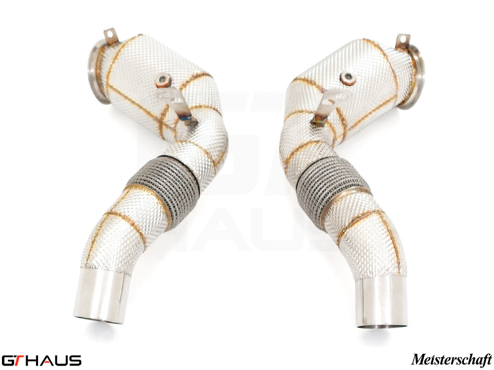 BMW F12/13 M6 down pipes with 400 CEL sport cats, featuring 90mm piping and heat-resistant wrapping for performance.