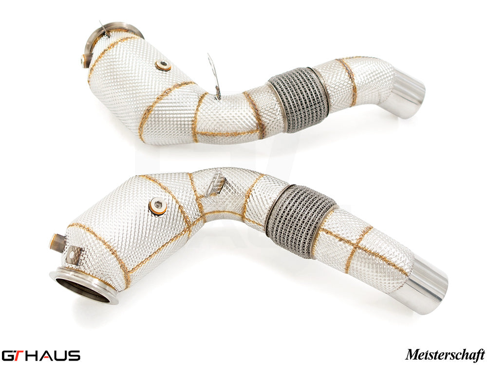 BMW F12/13 M6 down pipes with 400 CEL sport cats, featuring 90mm piping and heat-resistant wrapping for performance.