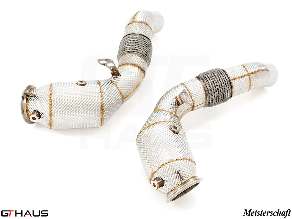 BMW F12/13 M6 down pipes with 400 CEL sport cats, featuring 90mm piping and high-performance design for enhanced exhaust flow.