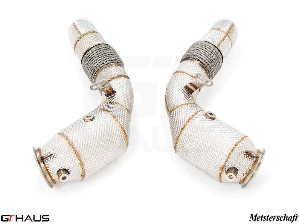 BMW F12/13 M6 2012-2018 down pipes with 400 CEL sport cats and 90mm piping for enhanced performance.