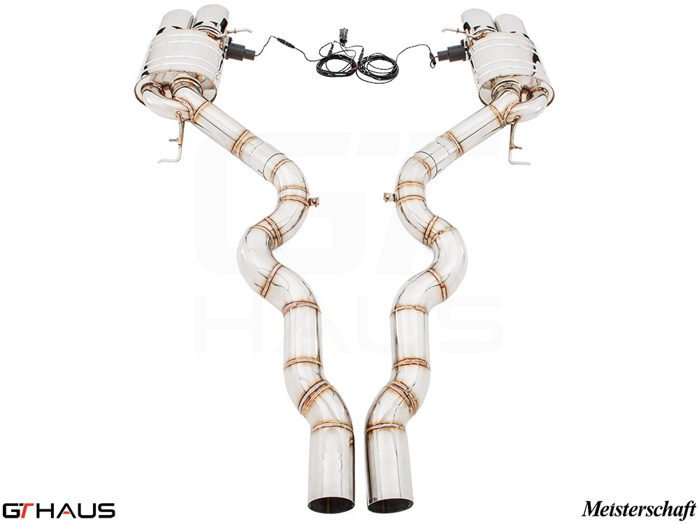 Premium Meisterschaft exhaust system for BMW F12/13 M6 V8 Twin Turbo, featuring dual tips and electronic valve control.