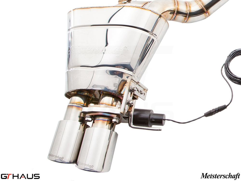 Premium Meisterschaft exhaust system for BMW F12/F13 650i, featuring polished stainless steel and electronic valve control.