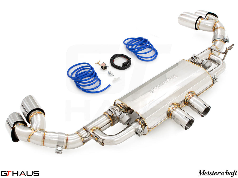 Premium Meisterschaft exhaust system for BMW F15 X5 5.0i, featuring T304 stainless steel and quad tips.
