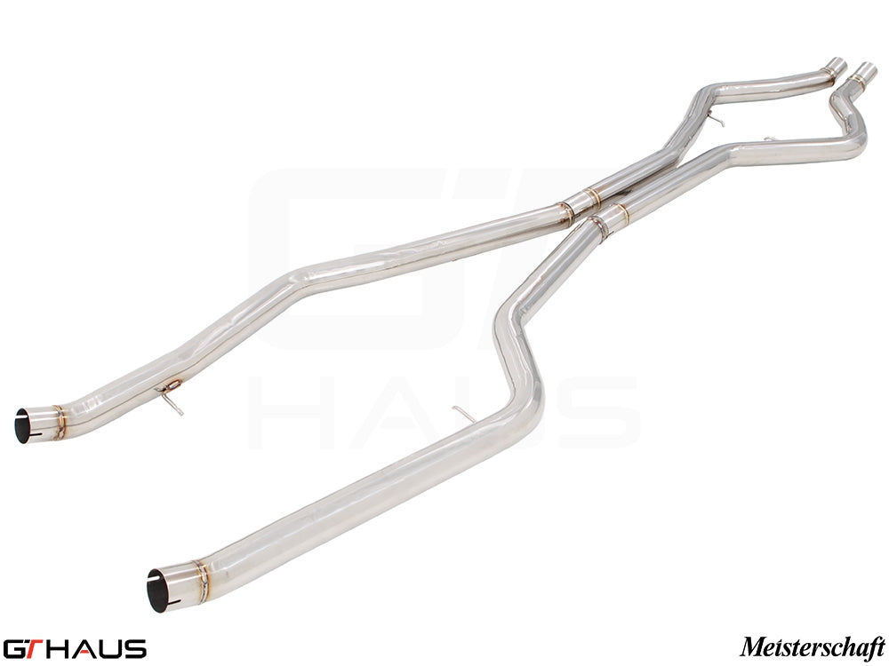 BMW F16 X6 SAV 2015-2019 full cat-back LSR mid resonator delete pipes for 5.0i model, featuring polished stainless steel design.