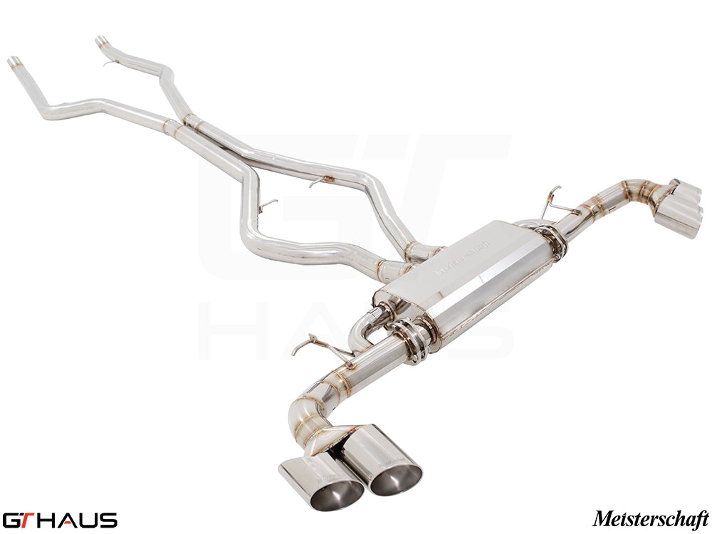 Premium stainless steel exhaust system for BMW F16 X6 SAV 5.0i, enhancing performance and sound. Meisterschaft brand.