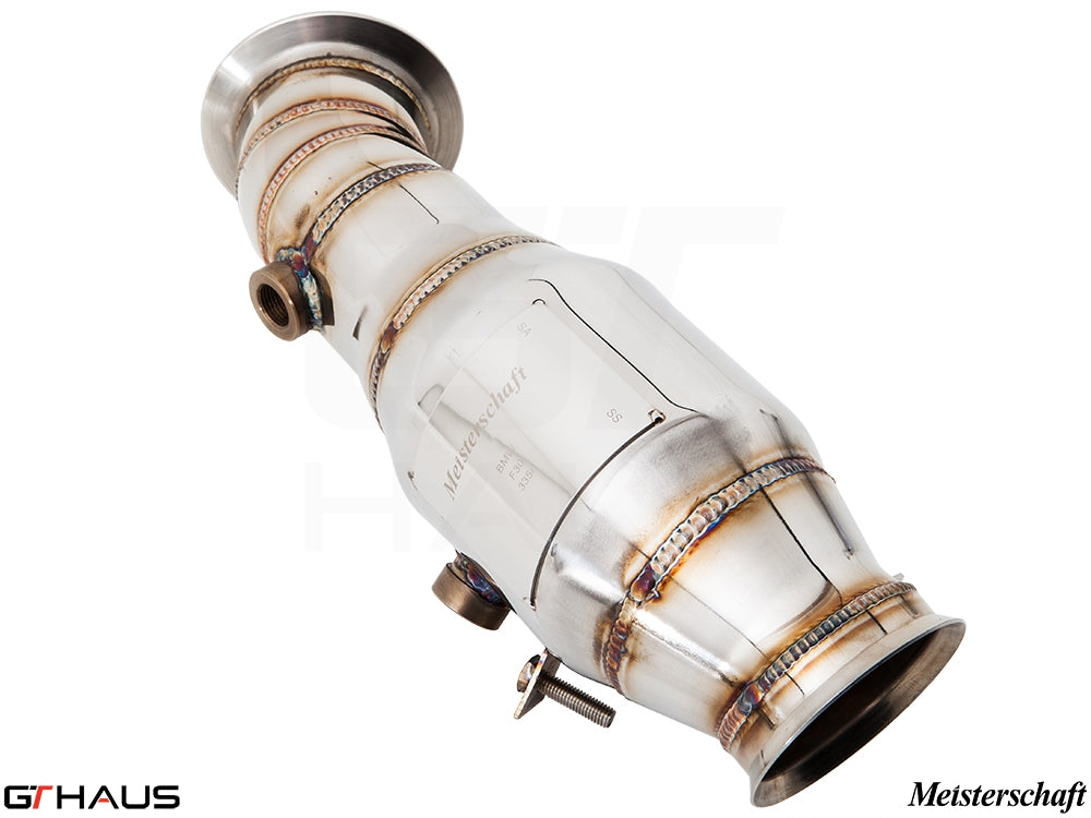 High-performance down pipe for BMW F22 2014-2021 with OBD2 and 400 CEL sport cats, designed for enhanced exhaust flow.