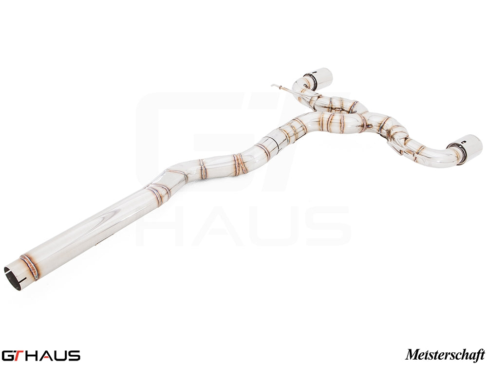 Premium exhaust system for BMW F22 235/240i, featuring stainless steel construction and Meisterschaft branding.