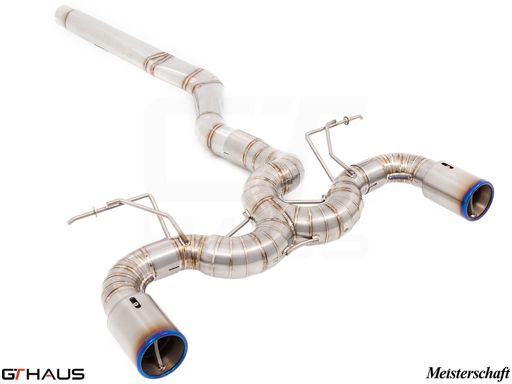 Premium performance exhaust system for BMW F22 235/240i, featuring stainless steel construction and dual tips.