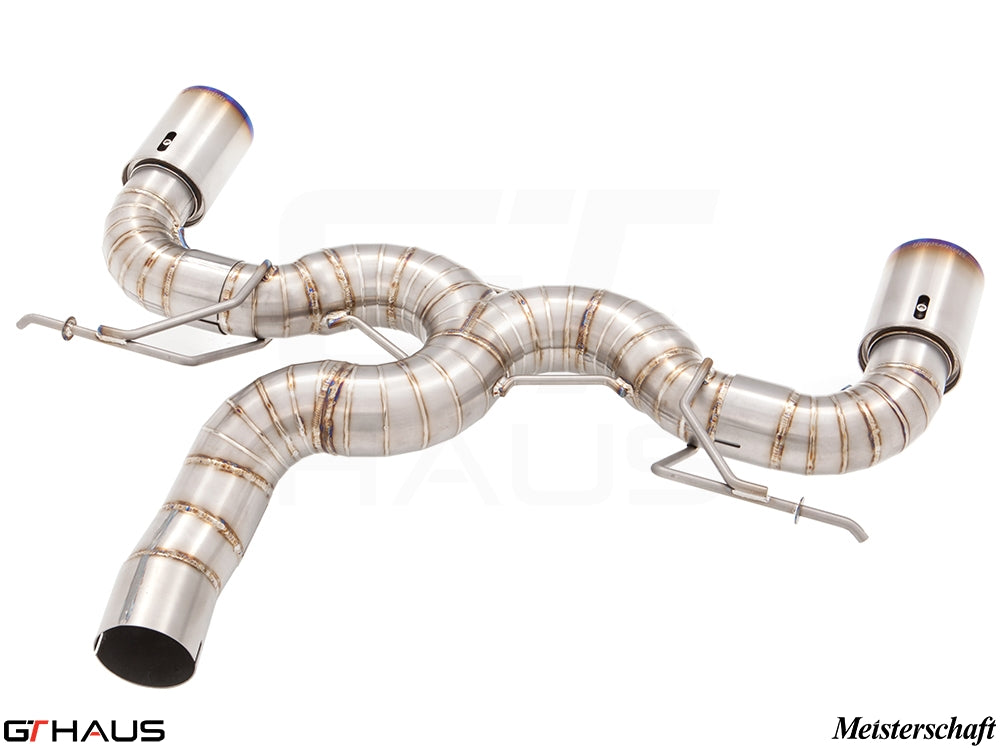 Premium performance exhaust system for BMW F22 235/240i, featuring stainless steel construction and dual tips.