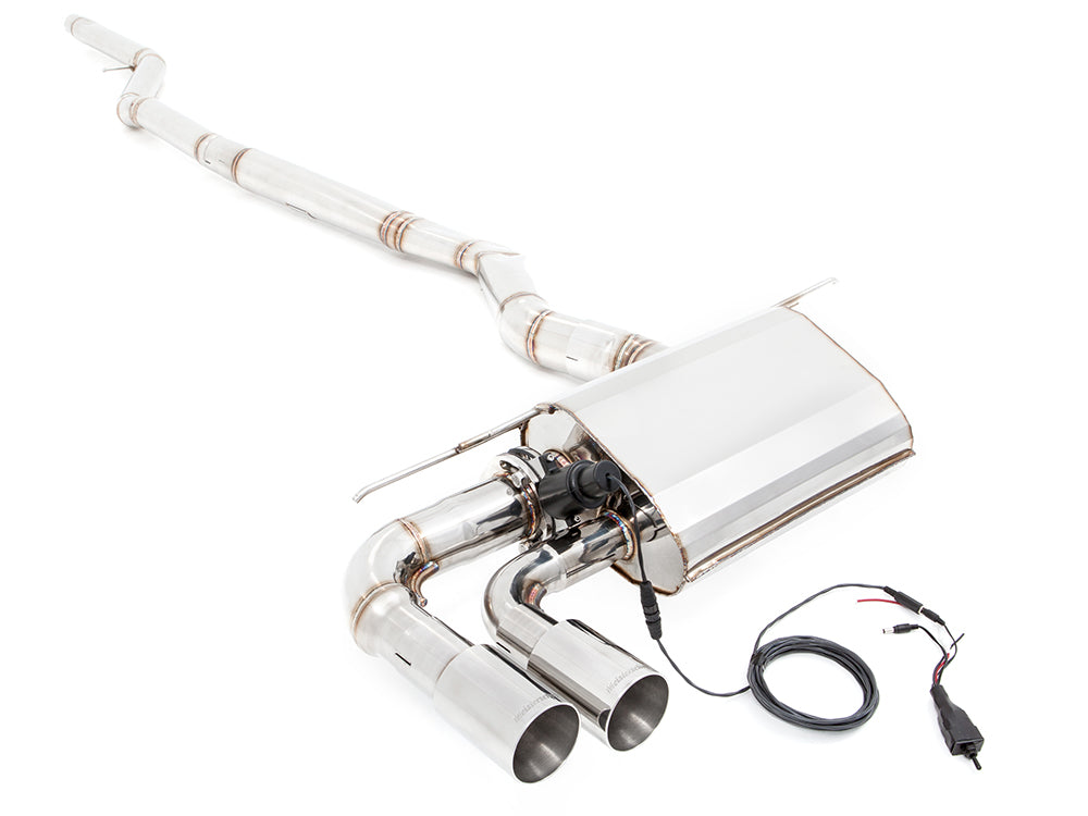 Premium performance exhaust system for BMW F30/F31/F34/F36 3 Series, featuring stainless steel construction and electronic valve control.