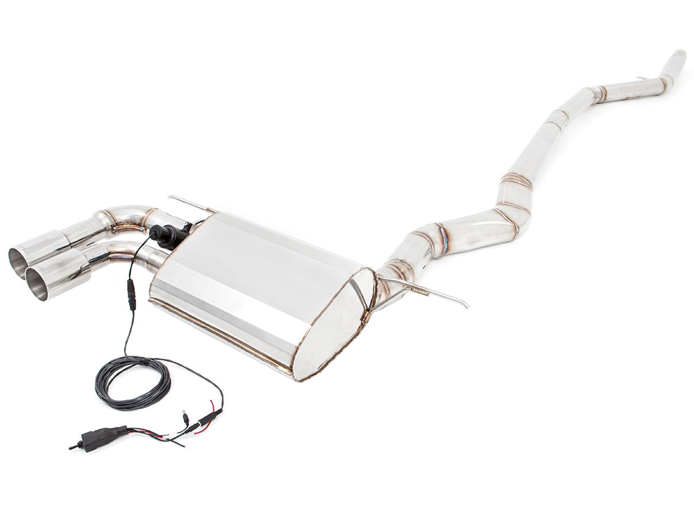 Premium stainless steel exhaust system for BMW F30/F31/F34/F36 320i, 328i, 330i models, featuring electronic valve control.