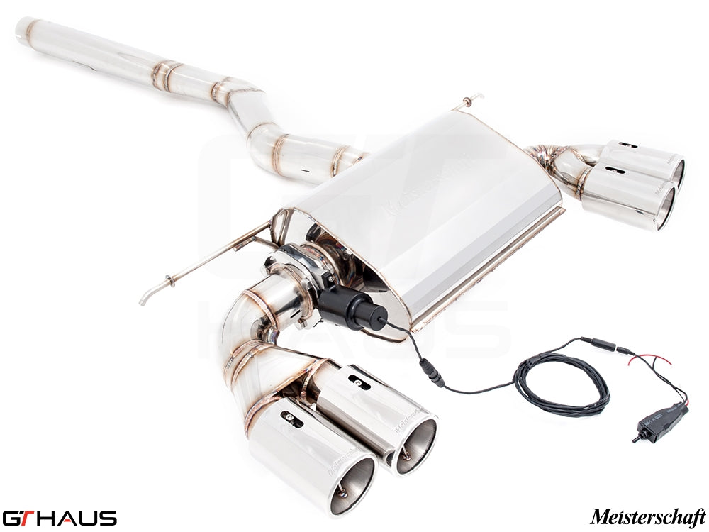 Premium Meisterschaft exhaust system for BMW F30/F31/F34/F36 320i, 328i, 330i models, featuring quad tips and electronic valve control.
