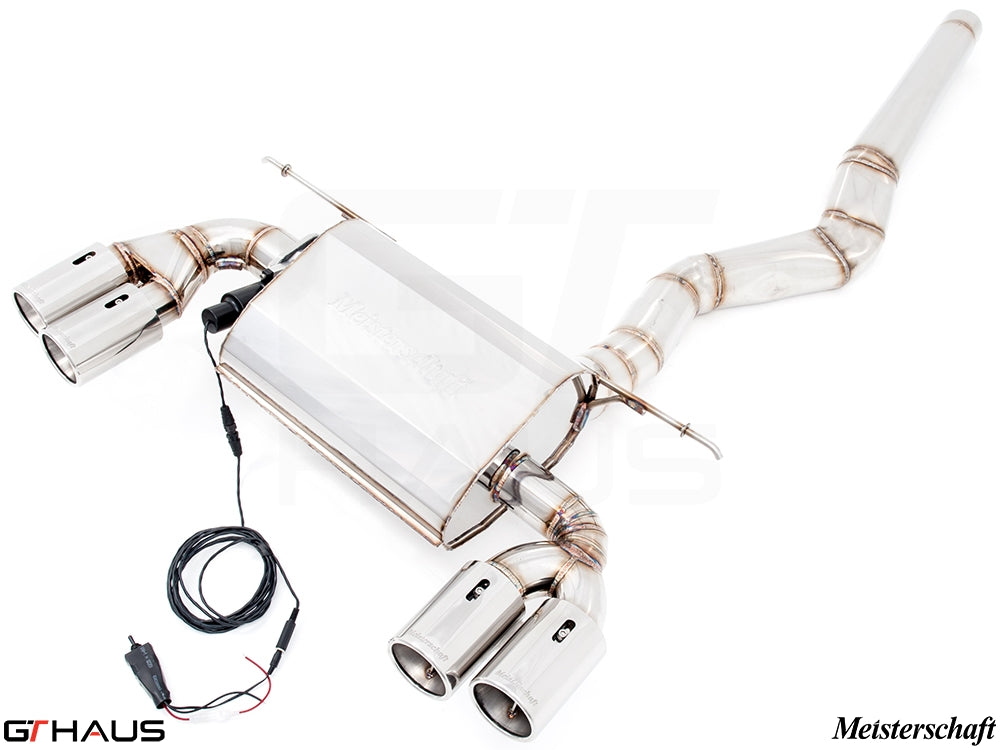 Premium Meisterschaft exhaust system for BMW F30/F31/F34/F36 320i, 328i, 330i/xi, featuring stainless steel construction and electronic valve control.