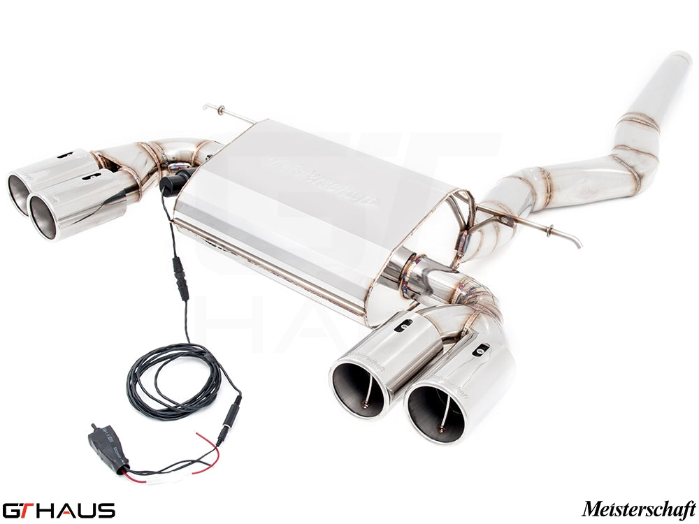 Premium exhaust system for BMW F30/F31/F34/F36 320i, 328i, 330i with electronic valve control and stainless steel finish.