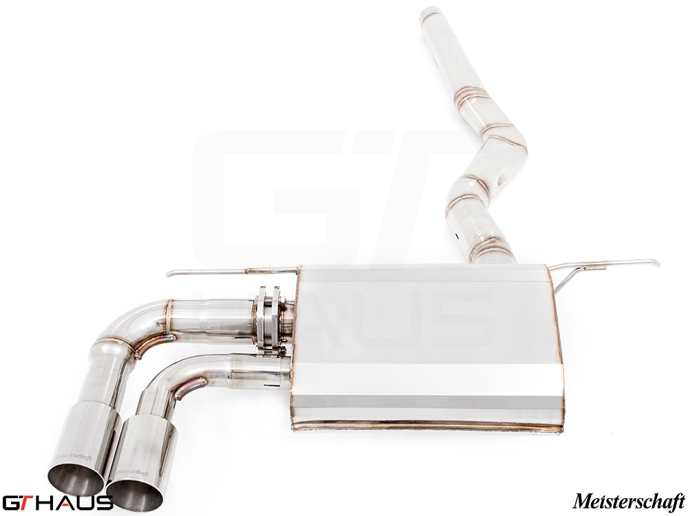 Premium exhaust system for BMW F30/F31/F34/F36 320i, 328i, 330i models, featuring dual tips and stainless steel construction.