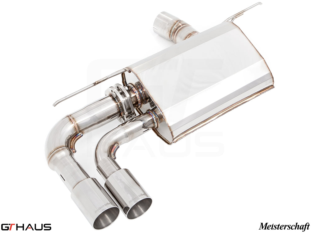 Premium exhaust system for BMW F30/F31/F34/F36 320i, 328i, 330i models, featuring stainless steel construction and dual tips.