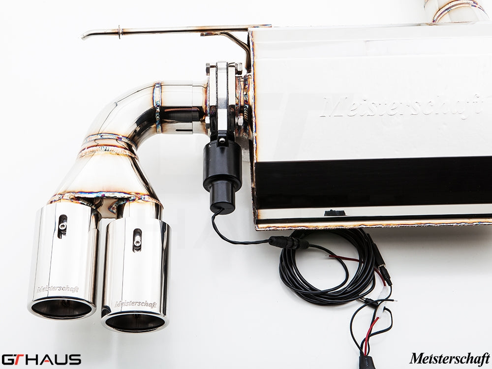 Premium Meisterschaft exhaust system for BMW F30/F31/F34/F36 335i/340i, featuring dual polished tips and electronic valve control.