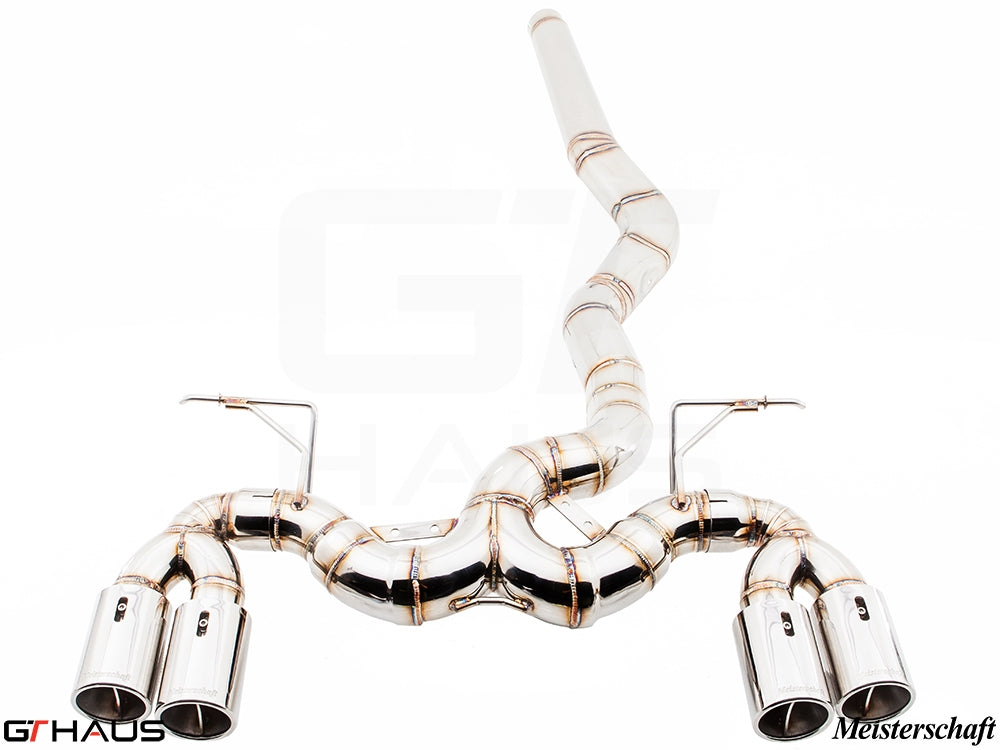 Premium performance exhaust system for BMW F30/F31/F34/F36 335i/340i/xi, featuring dual polished tips and stainless steel construction.