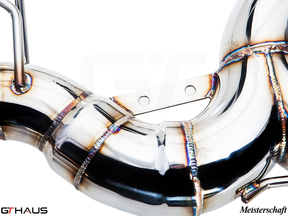 Premium stainless steel exhaust system for BMW F30/F31/F34/F36 335i/340i, showcasing detailed craftsmanship and welding.